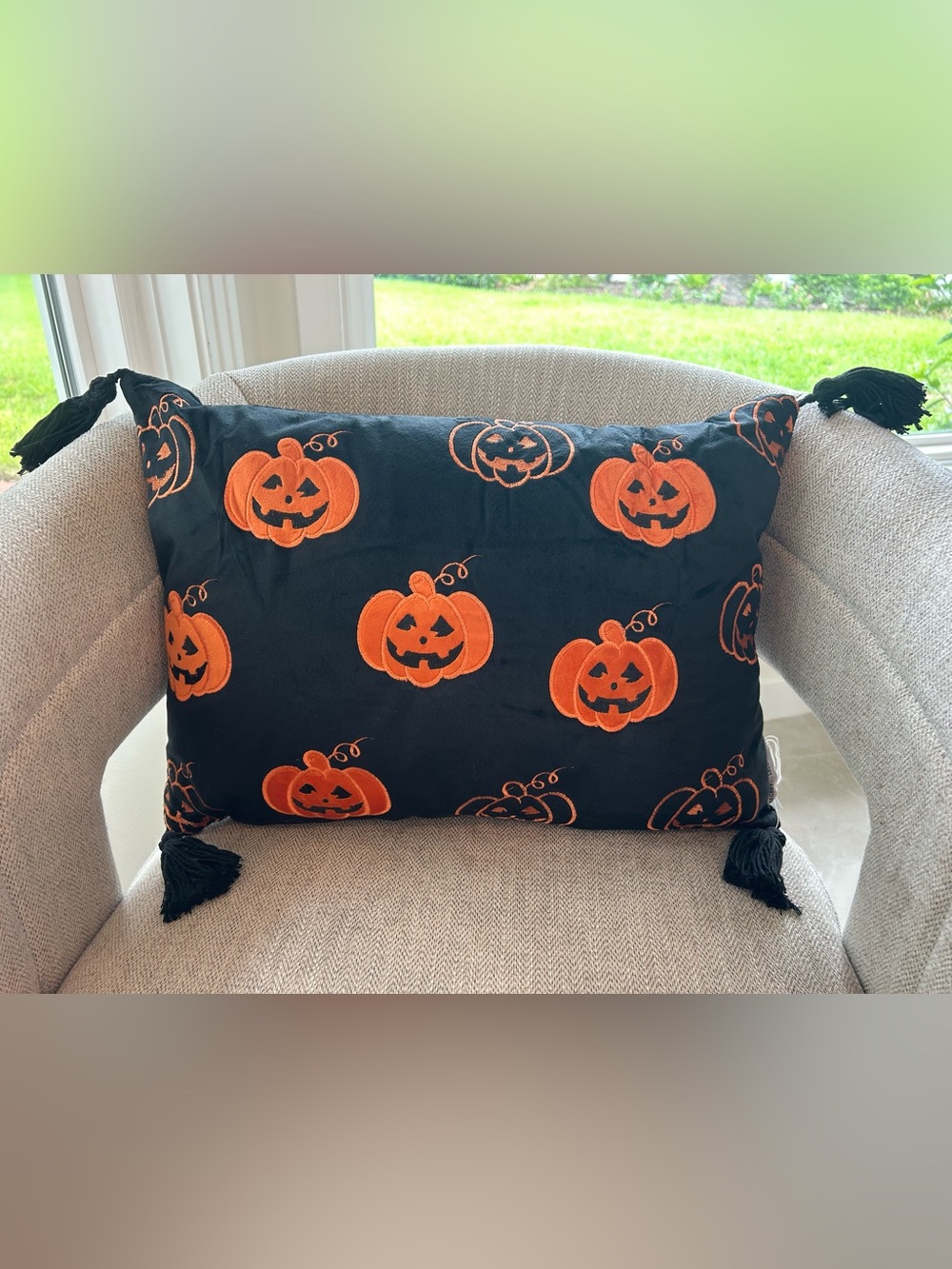 “New” Secret Celebrity Halloween Pumpkin Tassel Decorative Pillow - Black/Orange